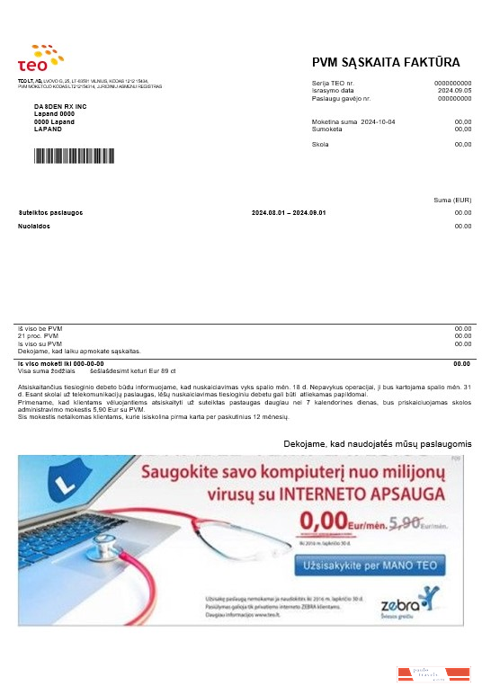 Lithuania Teo business utility bill template in Word and PDF formats